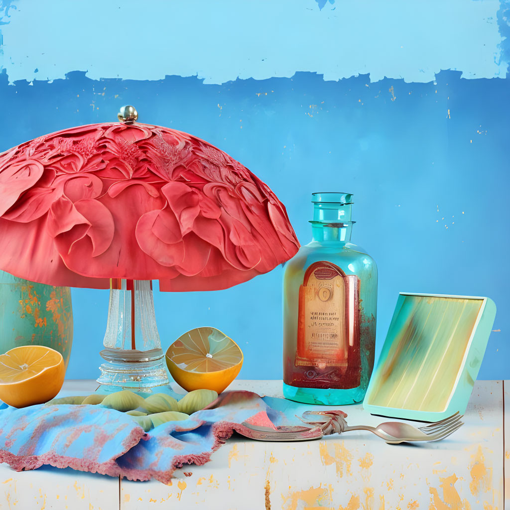 Colorful Still Life with Coral Lampshade, Teal Perfume Bottle, Oranges, Macar
