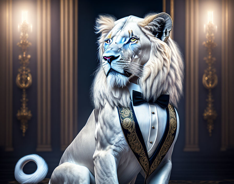 Majestic lion in tuxedo sitting in luxurious room