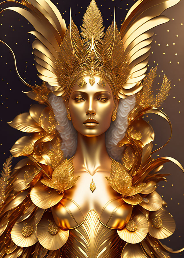 Regal figure with golden headdress and halo of leaves and feathers
