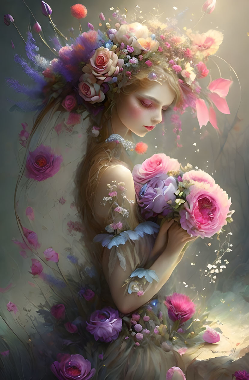 Illustration of woman with flower crown and roses in serene setting