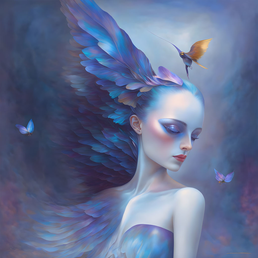 Woman with blue feathered wings as hair, butterflies, and bird in surreal image