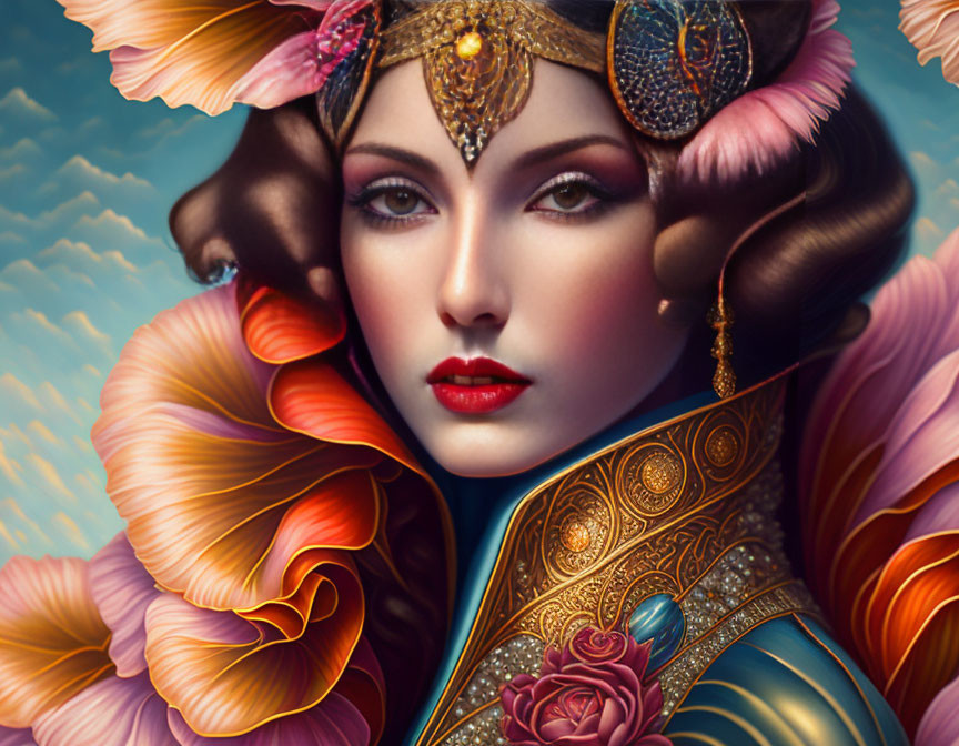 Detailed digital artwork: Woman in ornate headdress, vibrant flowers, and golden armor on sky backdrop