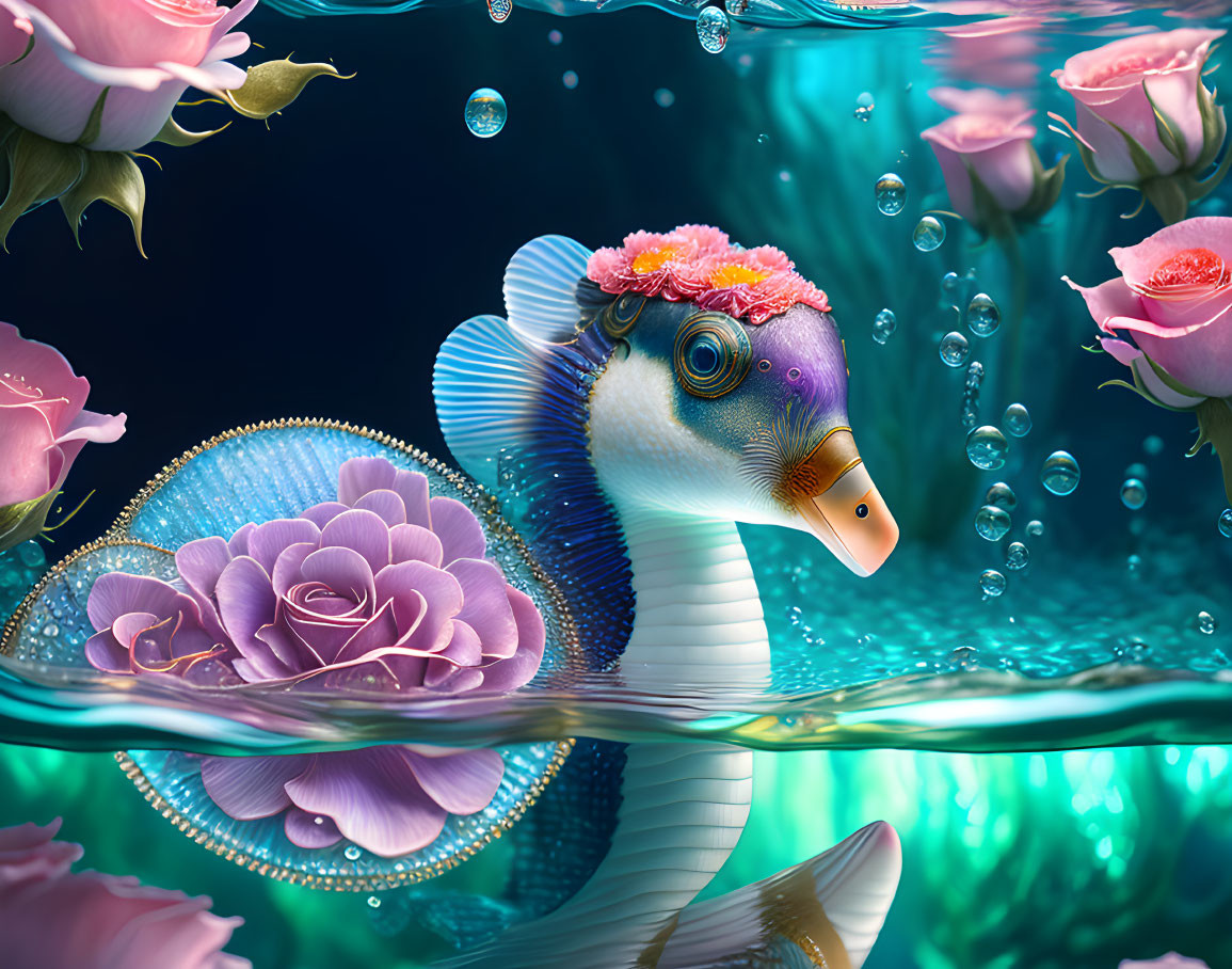 Fantasy fish-bird hybrid surrounded by pink roses and bubbles