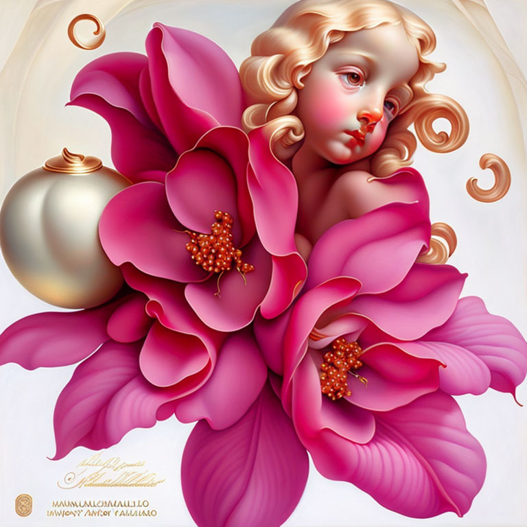 Surreal child's face in pink flowers with gold accents on creamy background