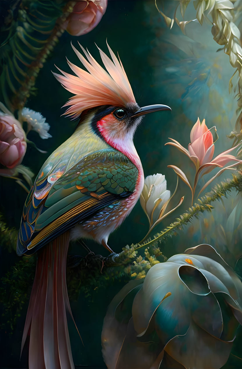 Exotic bird illustration with vibrant colors and detailed feathers