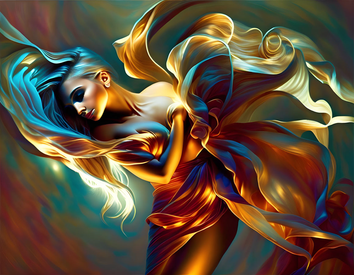 Digital artwork of woman with golden hair in vibrant blue and orange swirl.