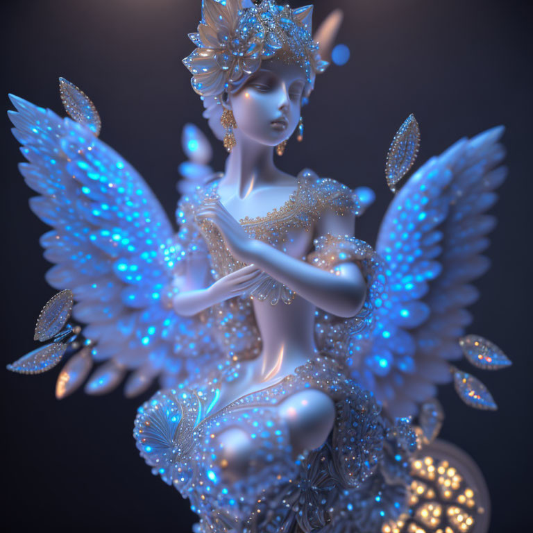 Ethereal angelic figure with glowing blue wings and ornate attire