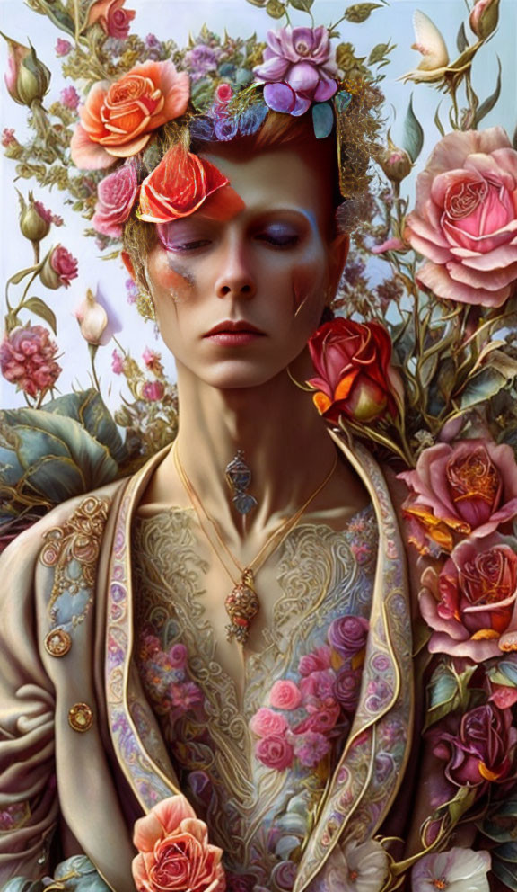 Colorful surreal portrait with floral elements in hair and clothing.