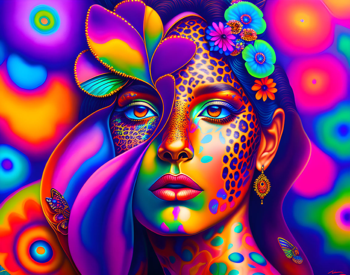 Colorful psychedelic portrait of a woman with floral patterns in rich, luminous hues