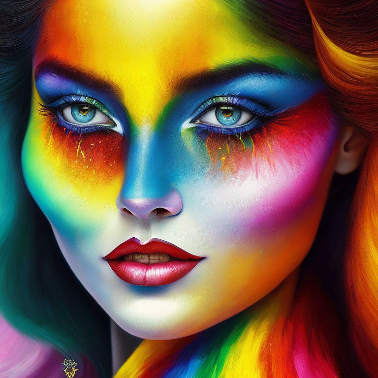 Colorful digital artwork of female face with rainbow makeup and expressive blue eyes