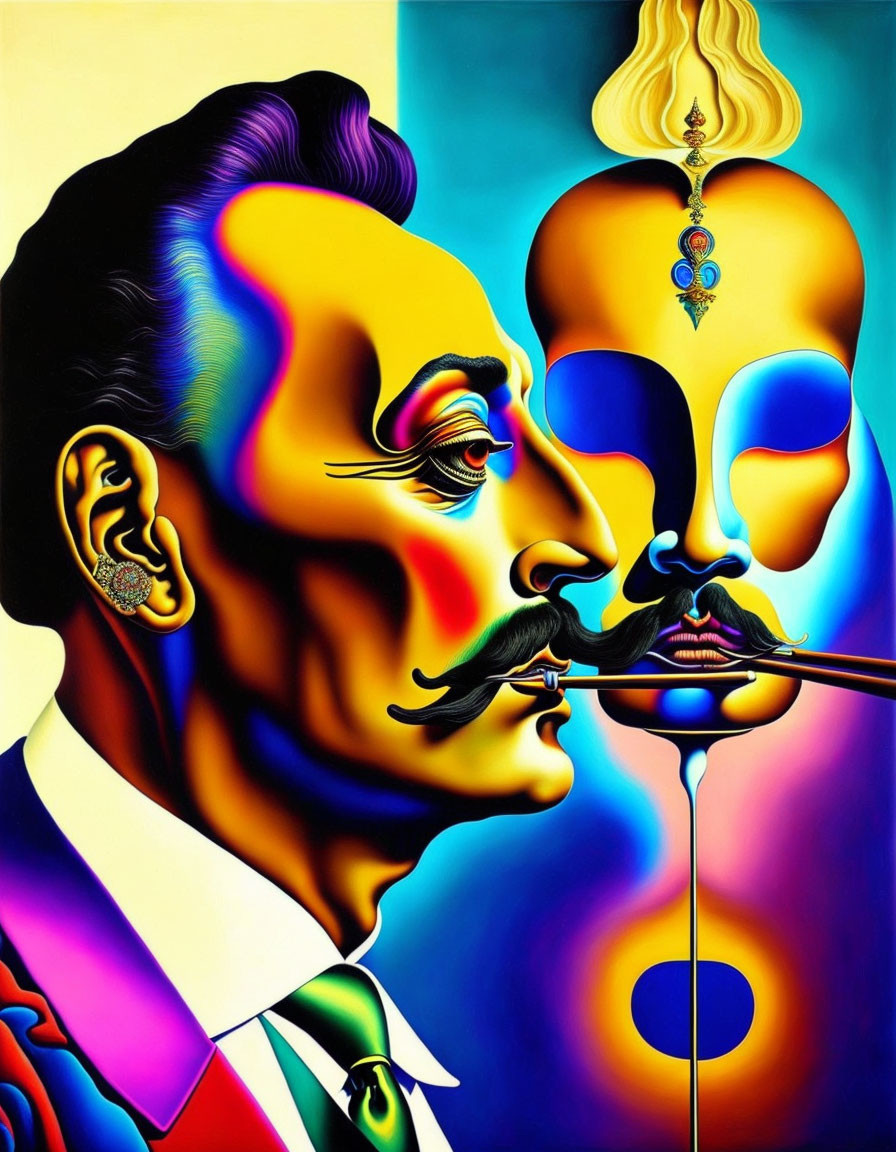 Colorful Surreal Portrait: Mustached Man with Multiple Faces on Yellow and Blue Background