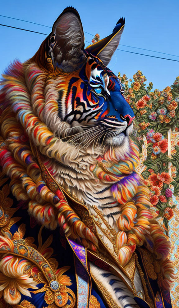 Detailed Artwork of Regal Tiger in Colorful Cape