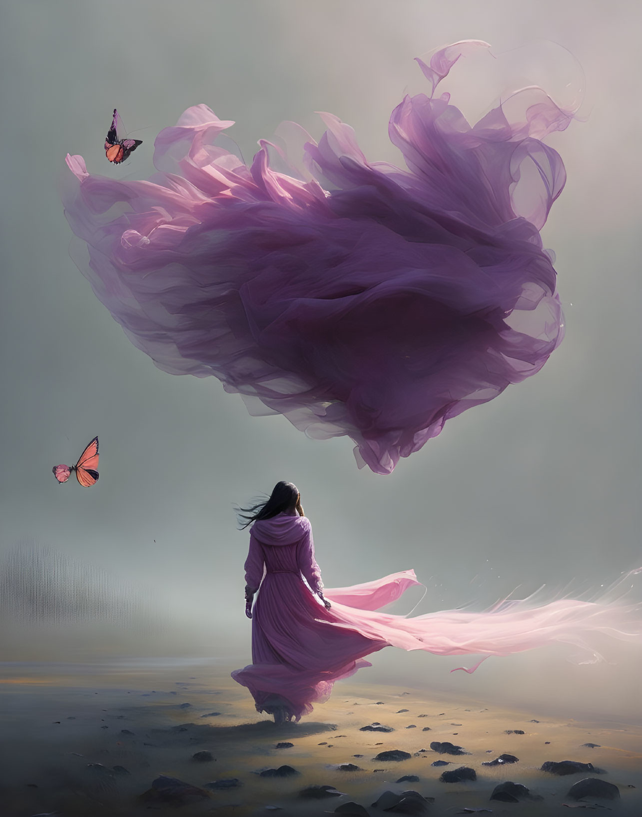 Woman in Purple Dress Stands on Moody Beach with Butterflies