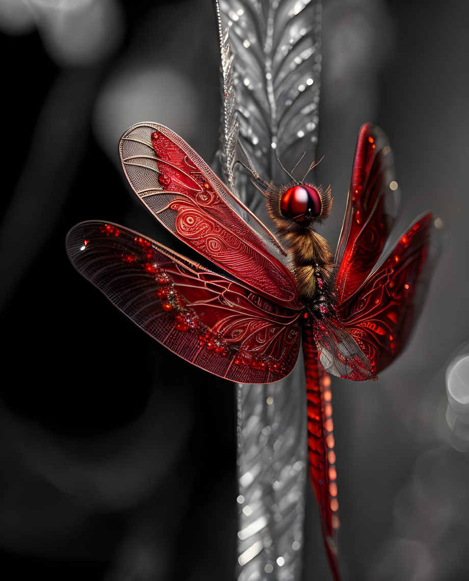 Mechanical Dragonfly with Red and Silver Colors on Metallic Structure