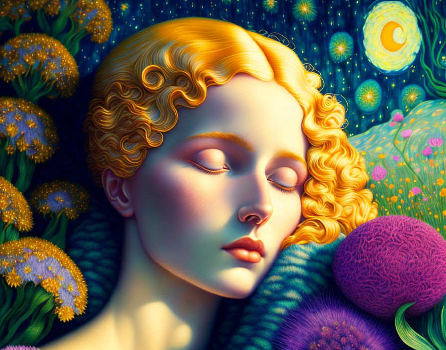 Surreal portrait of a person with golden hair among vibrant flowers and starry sky