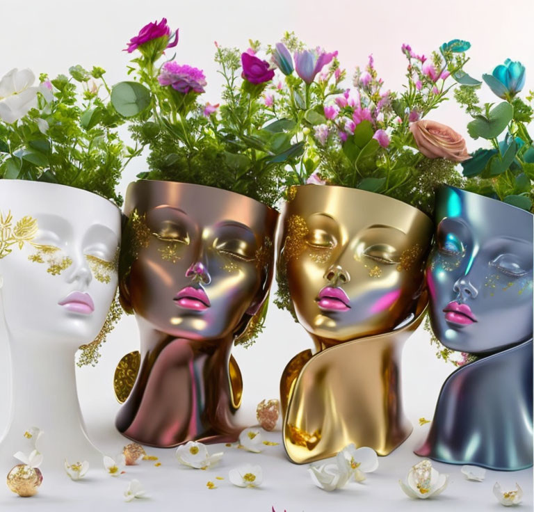 Colorful Flower Head-Shaped Vases with Fallen Petals on Neutral Background