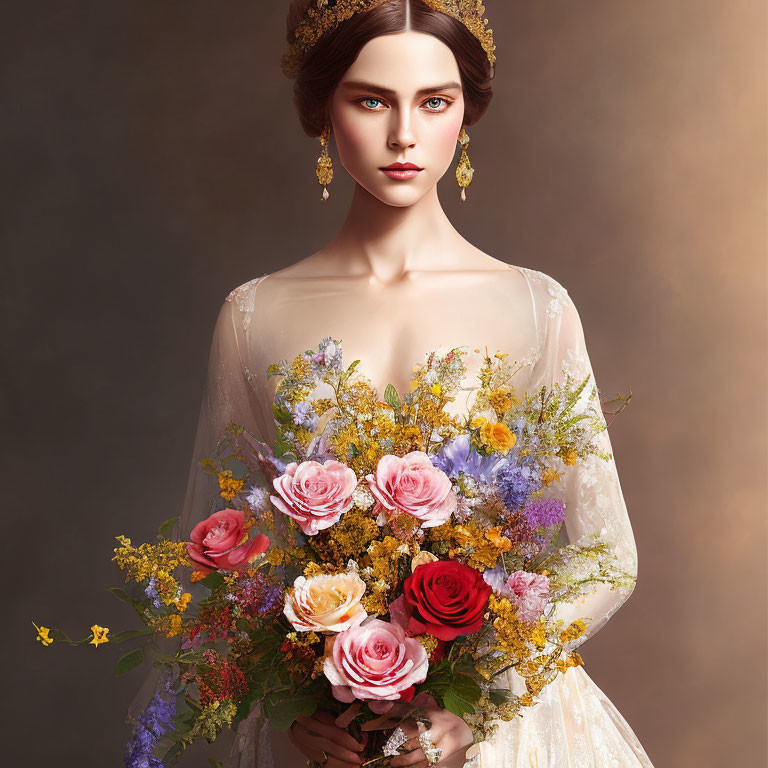 Woman portrait with elegant hairstyle, sheer dress, colorful bouquet, warm background