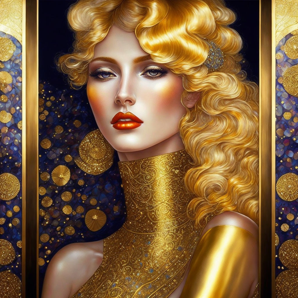 Golden-haired woman in blue and gold setting.
