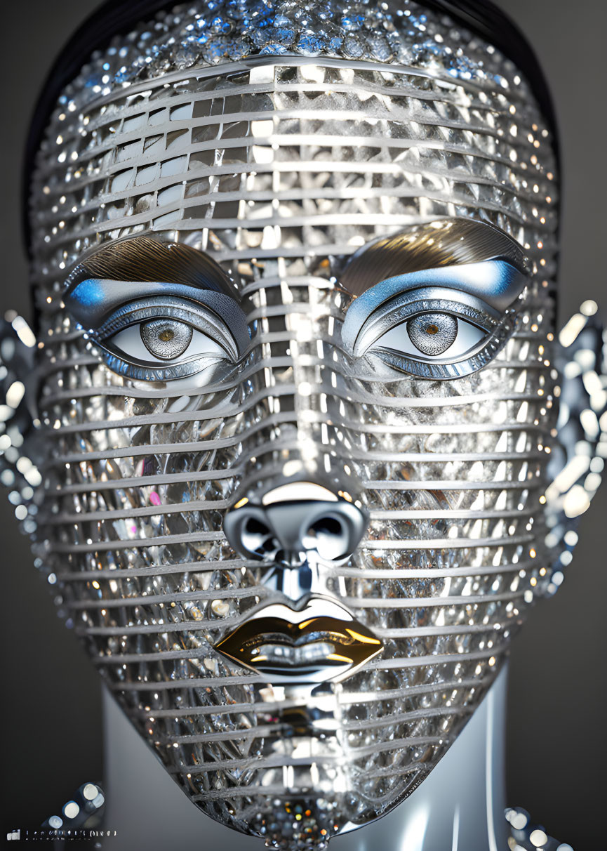 Reflective metallic humanoid face with blue eyes and golden lips.