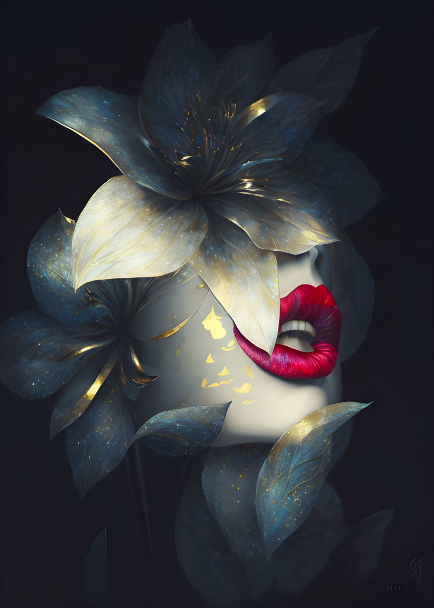Surreal artwork featuring woman's lips, butterfly tattoo, and luminous blue flowers