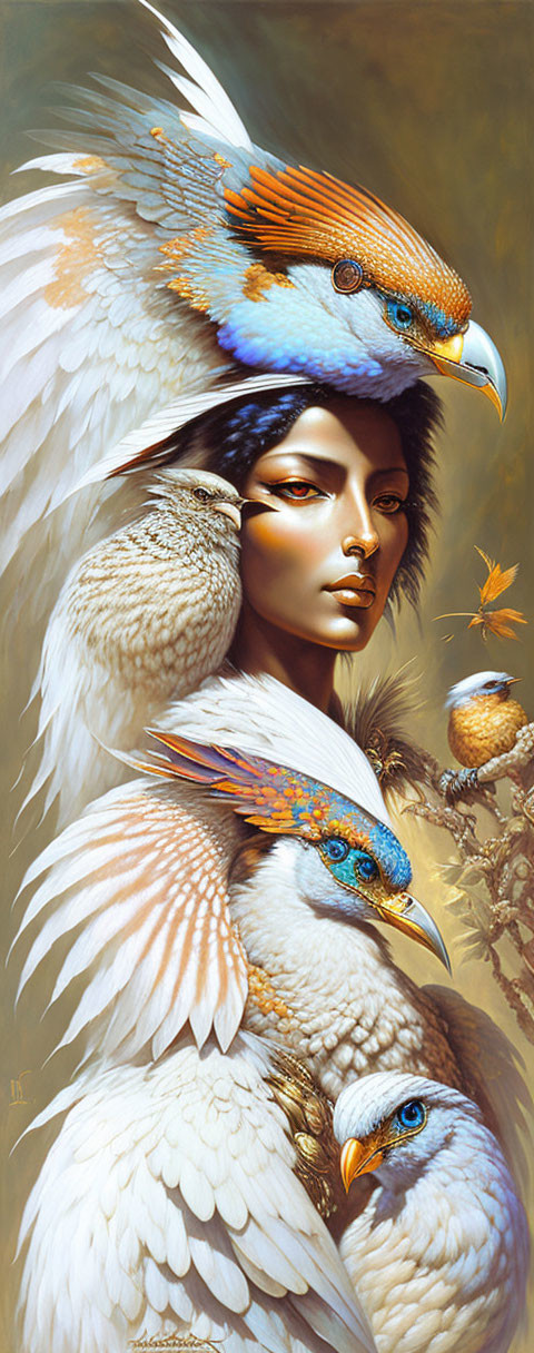 Portrait of serene woman fused with majestic eagles, intricate feathers, vibrant colors