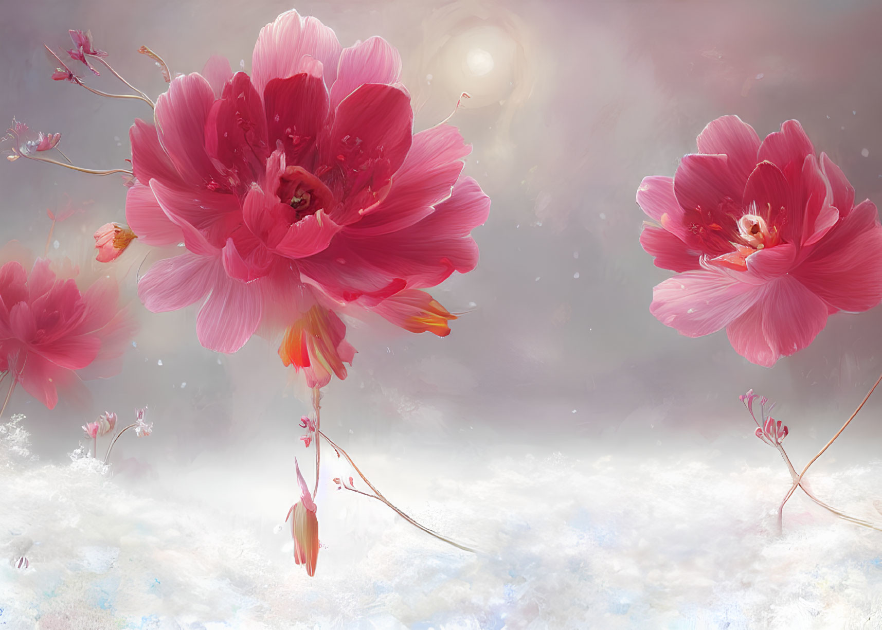 Vibrant pink flowers in dreamy misty background