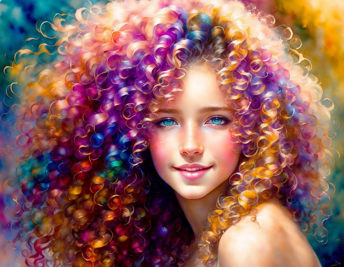 Colorful digital artwork: curly rainbow hair girl with blue eyes