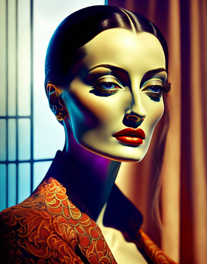 Vibrant digital portrait of a woman with sharp features and vibrant makeup against a blue-lit window