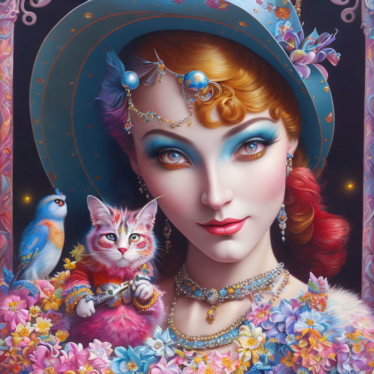Colorful portrait of a woman with styled hair, makeup, jewels, cat, bird, floral background
