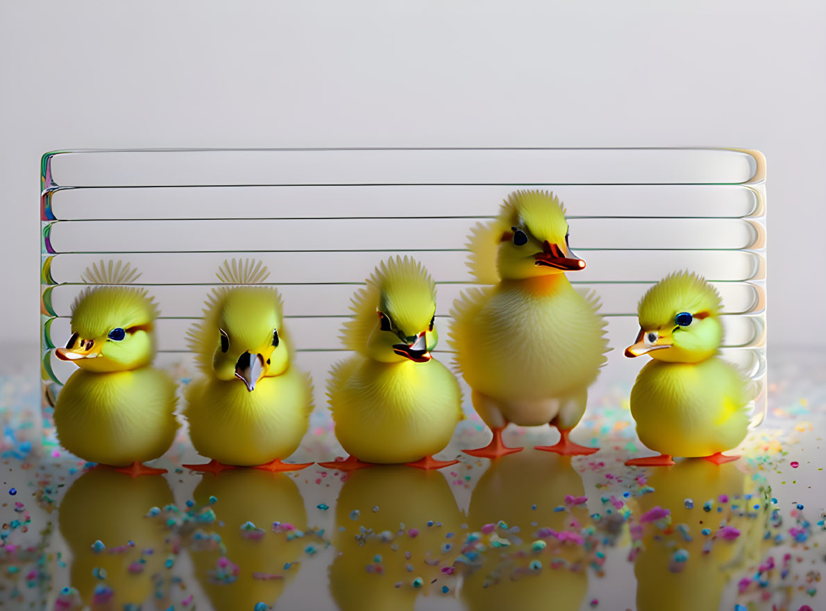 Rubber Ducks with Funky Punk Hairstyles on Reflective Surface