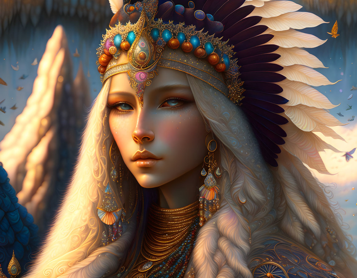 Detailed digital portrait of a pale-skinned female with feathered headdress and golden jewelry