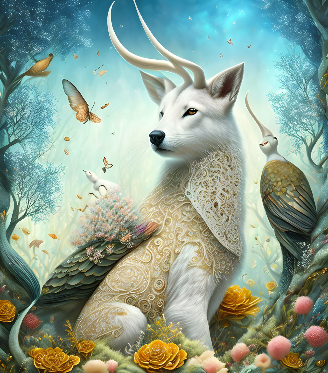 Majestic white creature with antlers, wings, and ornate fur amidst nature wildlife
