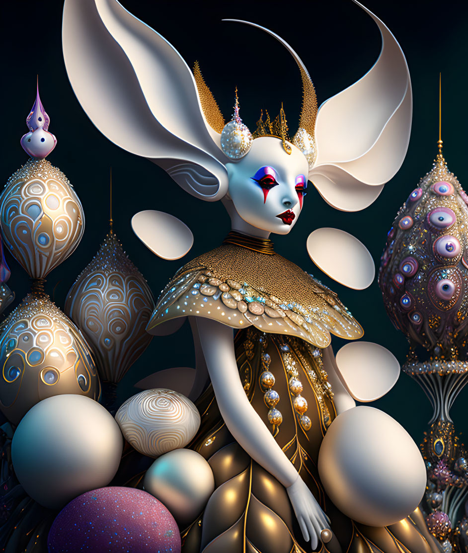 Regal figure with rabbit-like ears in surreal digital art