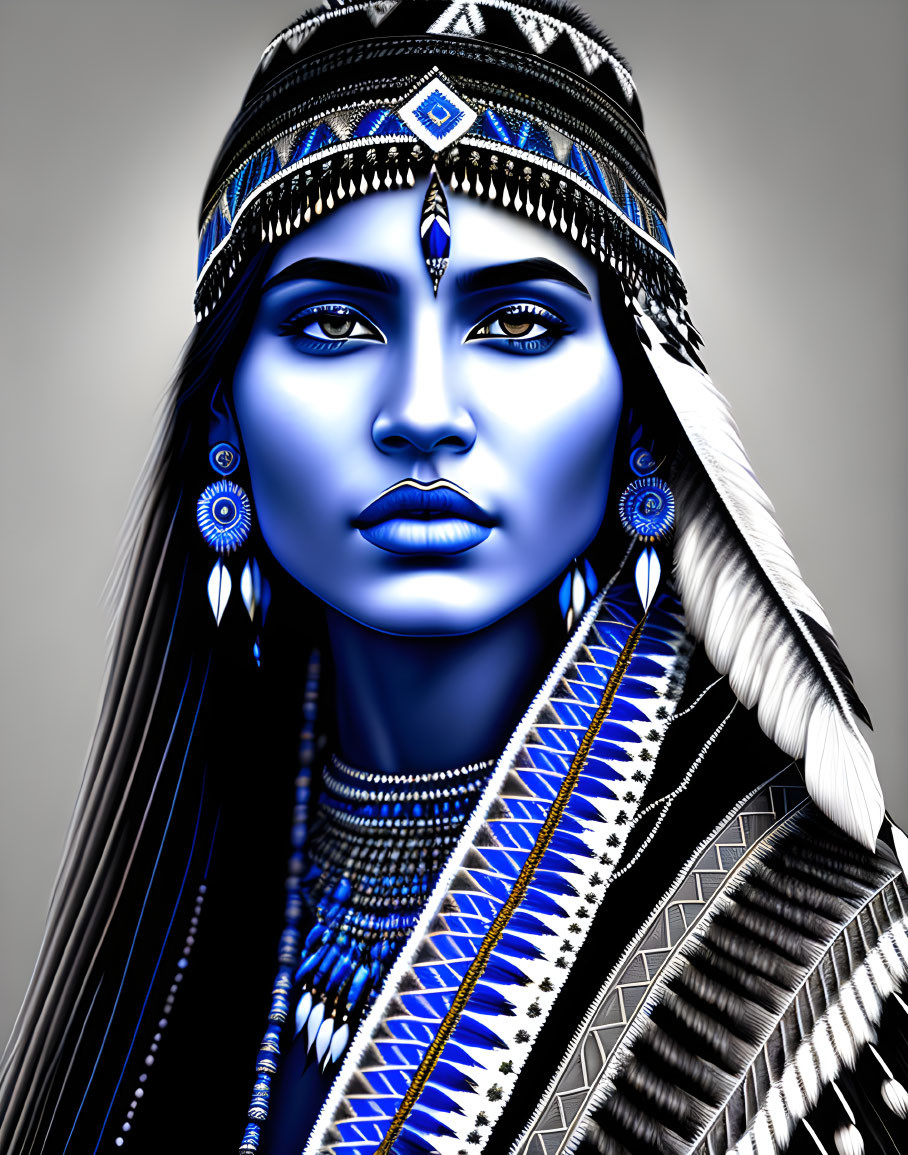 Digital art portrait of woman with blue skin in Native American attire