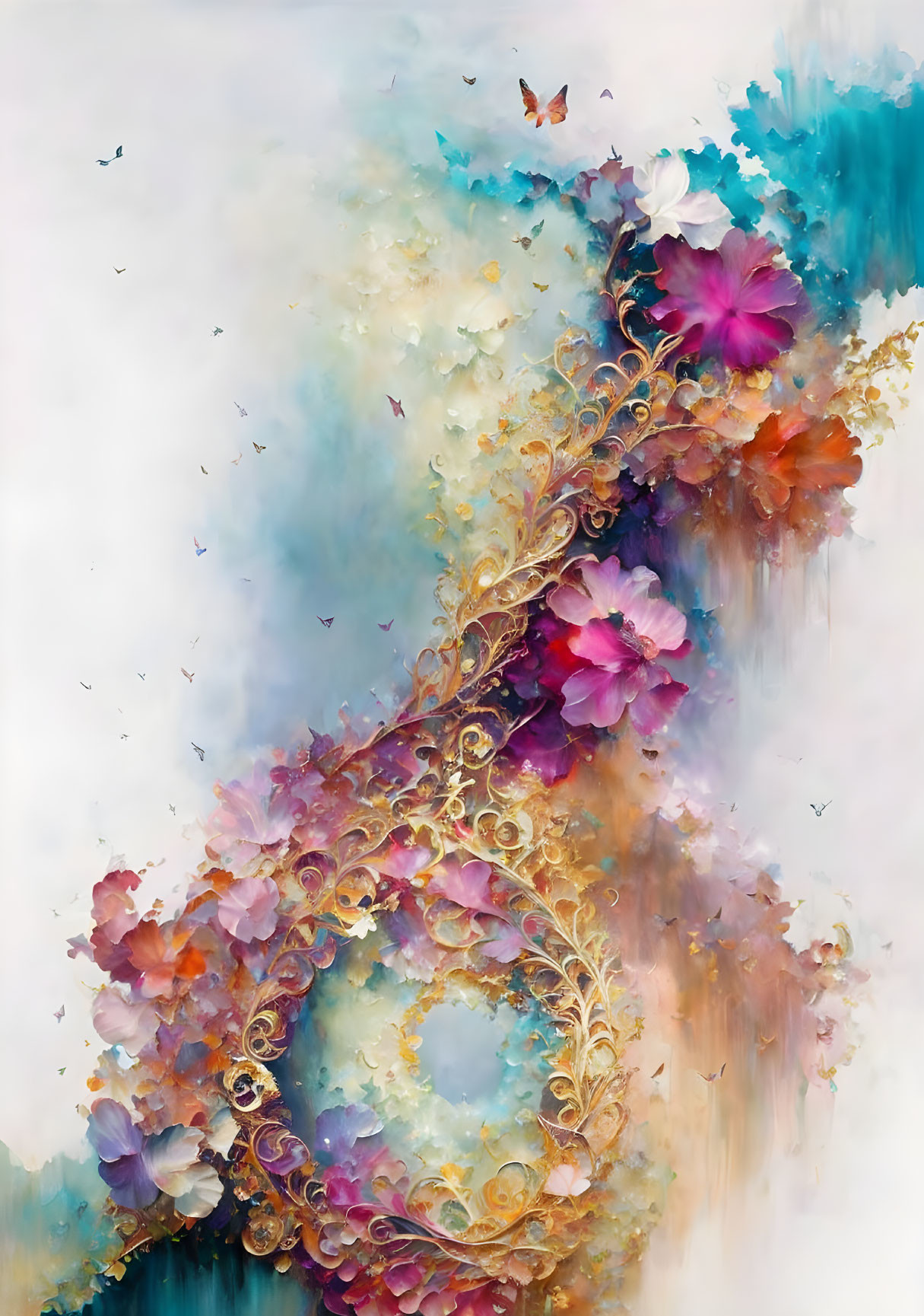 Colorful abstract art with ornate patterns, flowers, and butterflies