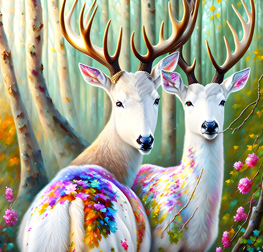 Vibrant, colorful mystical deer in enchanted forest