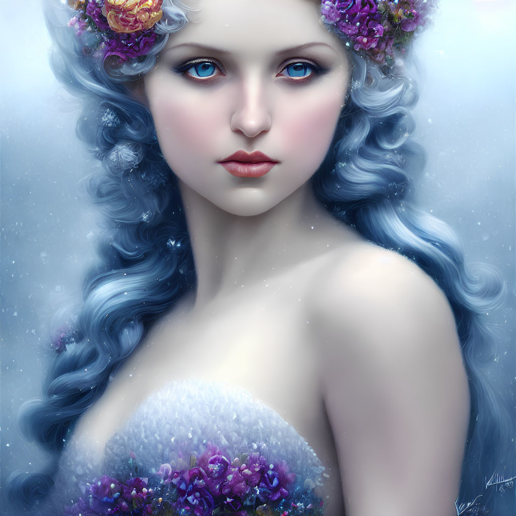 Portrait of Woman with Blue Wavy Hair and Purple Flowers, Piercing Blue Eyes, Snowy Background