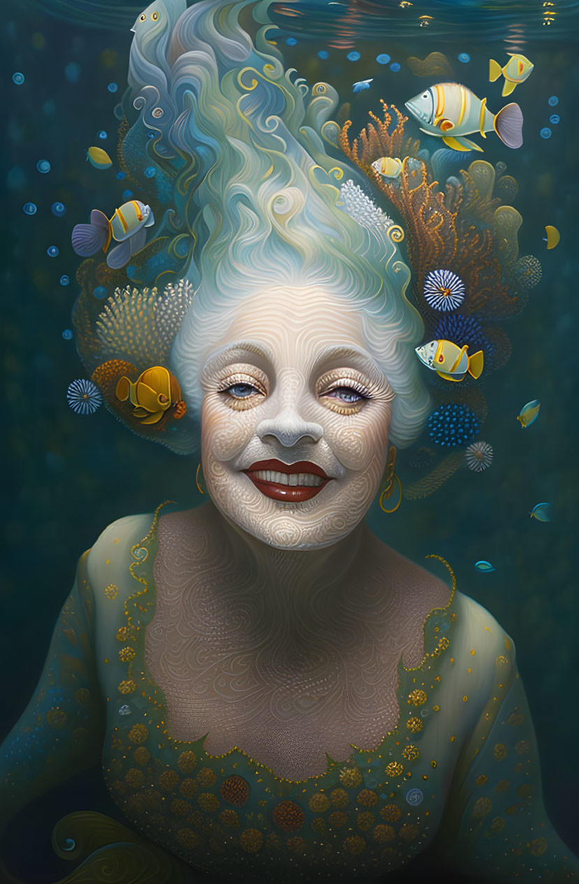 Elderly woman smiling underwater with flowing hair, surrounded by tropical fish and coral
