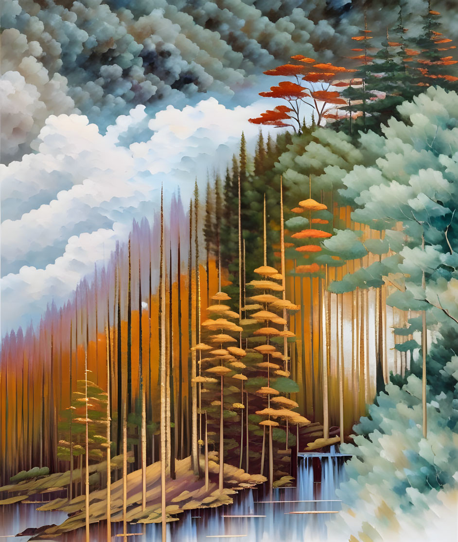 Surreal forest painting with tall trees, waterfall, and autumn foliage