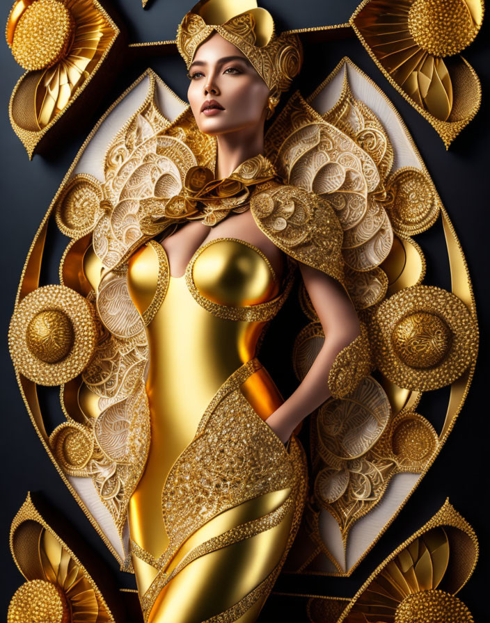 Golden Armor Design with Woman in Elaborate Headpiece on Dark Background
