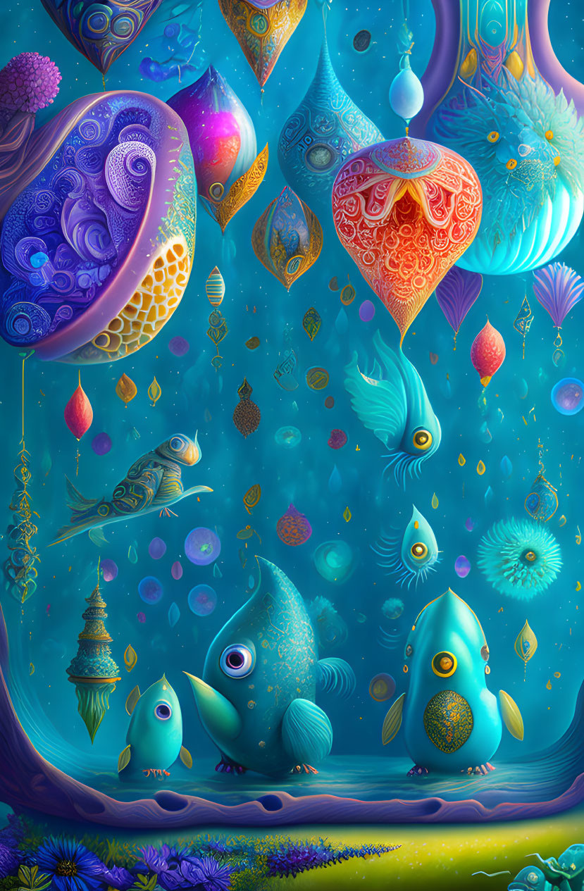 Colorful Illustration of Magical Underwater Scene with Whimsical Fish and Fantastical Flora