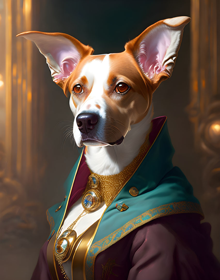 Regal dog in fancy jacket with golden embroidery and medals against grand background