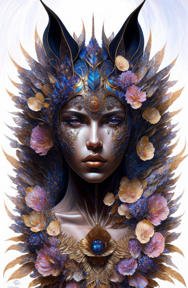 Dark-skinned woman with majestic headdress of feathers, gemstones, and floral motifs