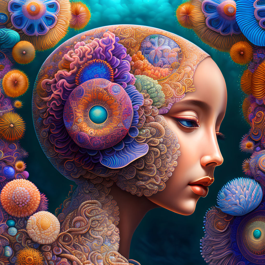 Colorful digital artwork of woman's profile with intricate floral and fractal patterns.