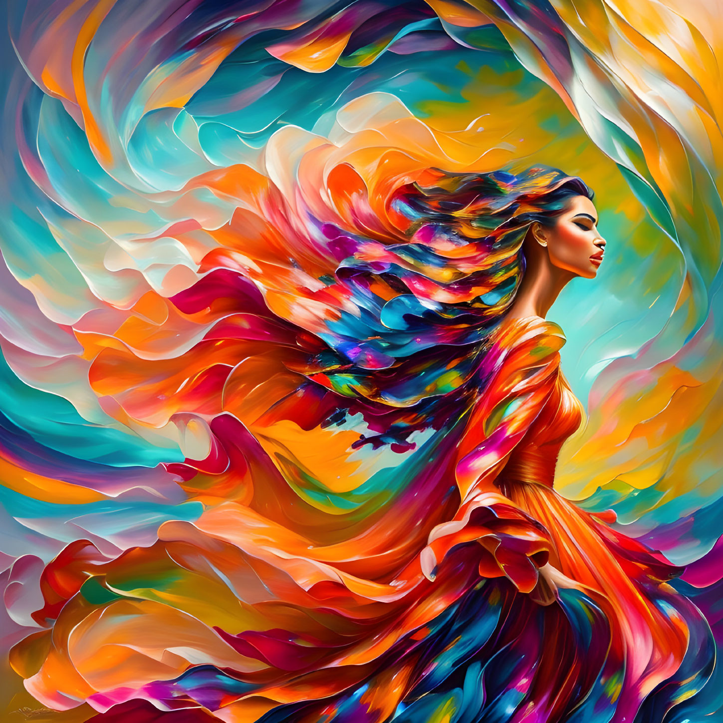 Colorful digital artwork: Woman with flowing hair and dress in abstract swirl