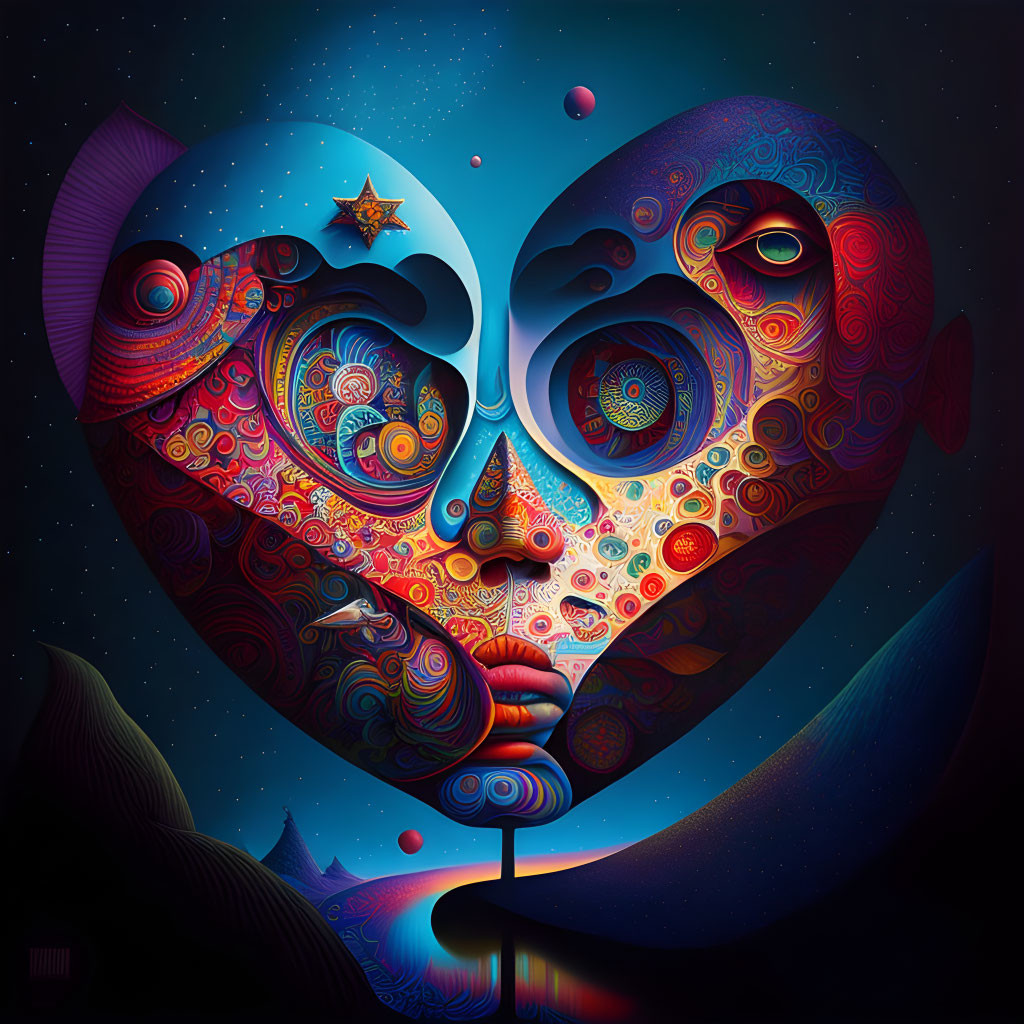 Digital Artwork: Two Faces in Heart Shape with Cosmic Patterns