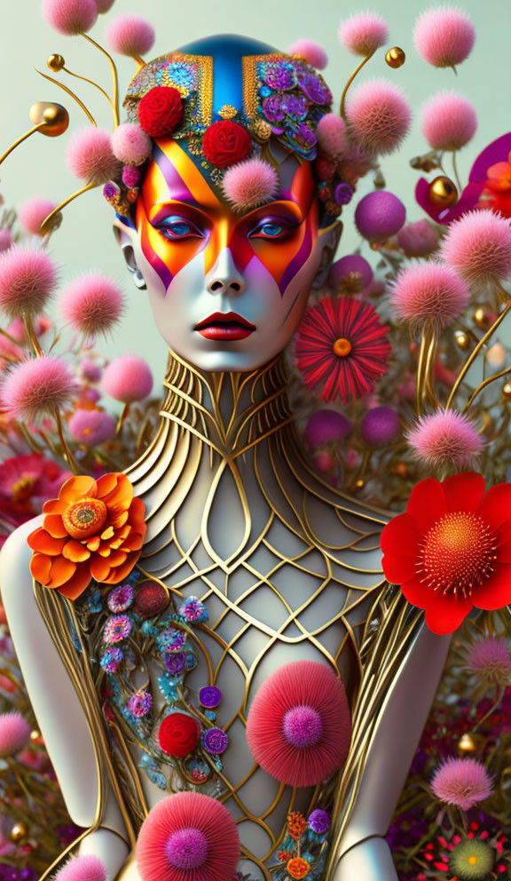 Vibrant figure with colorful makeup and bejeweled headdress among flowers