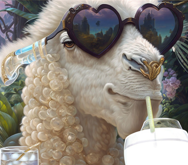 Illustration of sheep with heart sunglasses and medieval towers reflection.