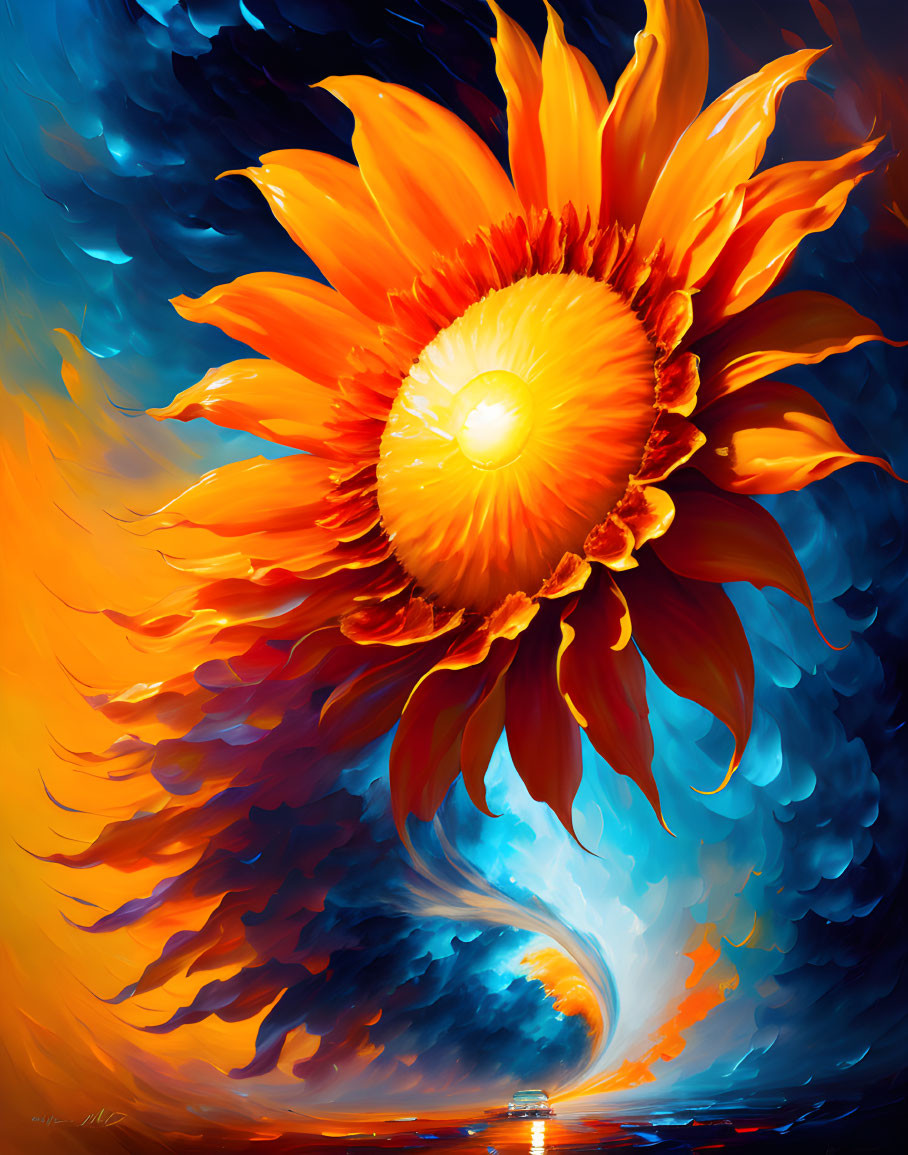 Colorful digital artwork: stylized sunflower in fiery sky