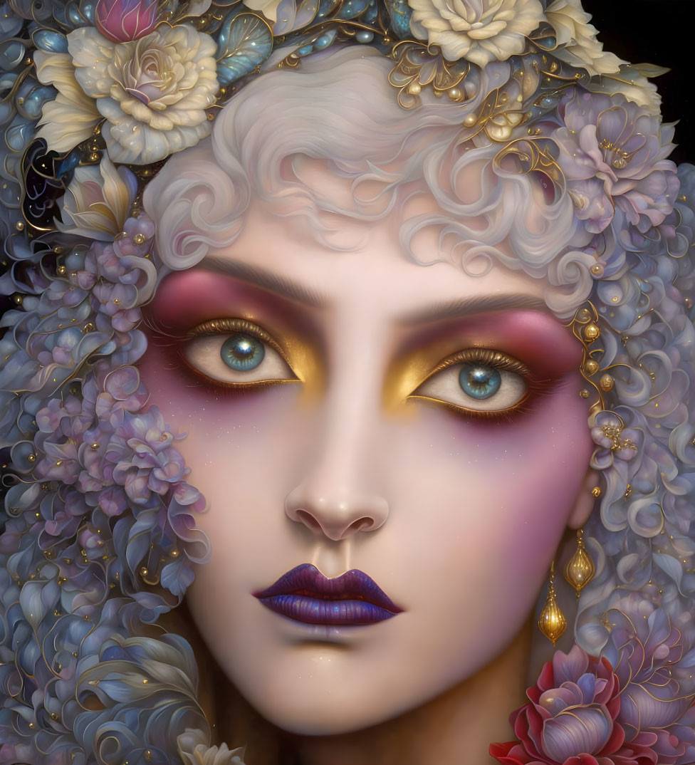 Detailed illustration of woman with golden eyes, purple lips, floral crown, and gold jewelry